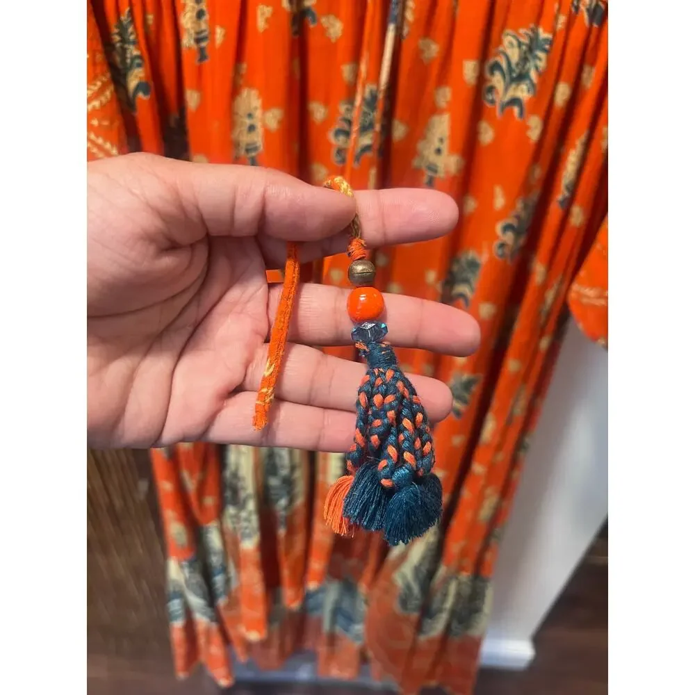 Label Ritu Kumar Rust Orange Boho Printed High-Low Maxi Dress Bell Sleeve Small
